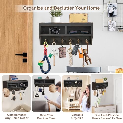 Key Holder Wall Mount - Mail Organizer Wall Mount with 6 Key Hooks and Storage Box for Sunglasses Storage and Dog Leash Holder Home Decor Rack Apartment Farmhouse Shelf Entryway Organizer (Black) - color: Black