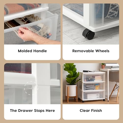 IRIS USA Plastic Drawer Storage Organizer Rolling Cart, with Wheels Casters, 3-Drawers, for Art Craft Supplies Bathroom Dorm Bedroom Laundry Room, Wide, White - color: White