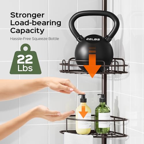 HAMITOR Shower Caddy Tension Pole: 4-Tier Rustproof Bathroom Corner Shelf Organizer for Renters - No Drill Large Shampoo Storage Rack Adjustable 47-121 Inch - Space Saving Bathtub Accessory - Bronze - color: Bronze