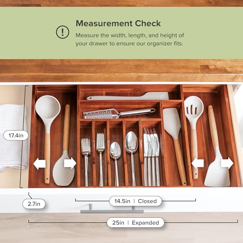 KitchenEdge Premium Silverware, Flatware and Utensil Organizer for Kitchen Drawers, Expandable 14.5 to 25 Inches Wide, 10 Compartments, Food-Safe Premium Acacia Wood Finish Kitchen Storage Tray - color: Natural Acacia, size: From 14.5" to 25" wide
