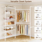 L2 Wall Mounted Closet System, Industrial Pipe Clothing Rack Clothes Racks with 2 Telescopic Rod & 6 Shelves, Heavy Duty Closet Organizers System in Wardrobe Closet, White - color: White