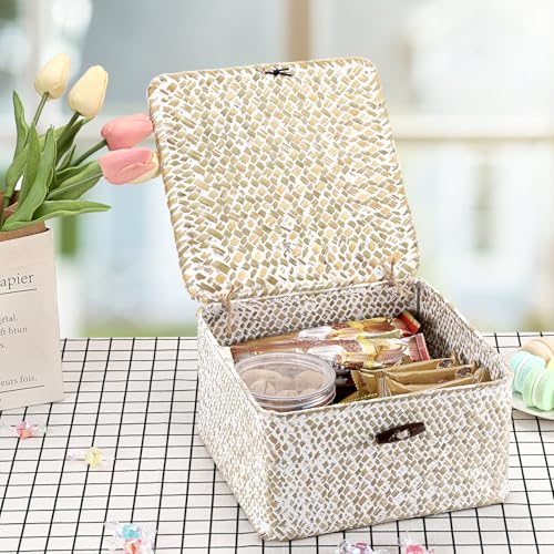 Hipiwe Handwoven Seagrass Basket with Lid Square Wicker Basket Bin Closet Storage Box Multipurpose Household Organize Container for Home Decor, Small,Whitewash - color: Whitewash color, size: Small