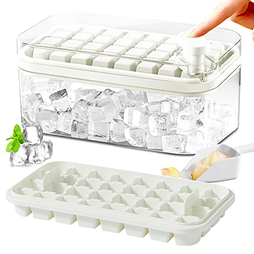 Ice Cube Tray with Lid and Bin, 2 Pack for Freezer, 64 Pcs Ice Cube Mold (White) - color: White