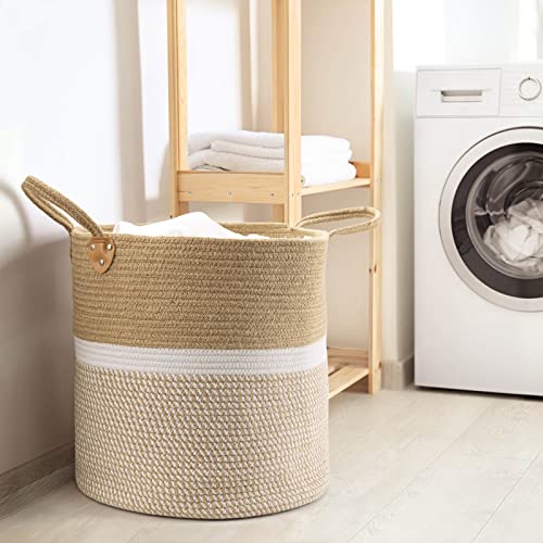 CHICVITA Extra Large Woven Storage Basket with Handles – Laundry Basket Toy Towels Jute Blanket Basket Home Decor Gift, 16" x 16", White - color: White, size: 16"W x 16"H