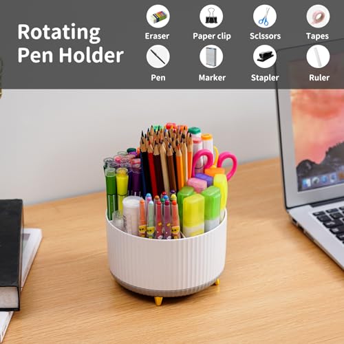 Marbrasse Desk Organizer, 360-Degree Rotating Pen Holder, Desk Organizers and Accessories with 5 Compartments Pencil Holder, Art Supply Storage Box Caddy for Office, Home (White+Grey) - color: White+Grey