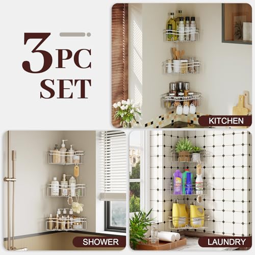 Chrome Shower Caddy Corner, 3-Pack Adhesive Shower Shelves for Inside Shower, Rustproof Bathroom Organizer Corner with Built-in Hooks, No Drilling Bathroom Storage for Bath Accessories - color: CHROME
