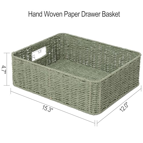 Drawer basket Handwoven Paper Rope Rectangular Shallow Basket Storage-15.35X12.01X4.72 Inches (Green) - color: Green