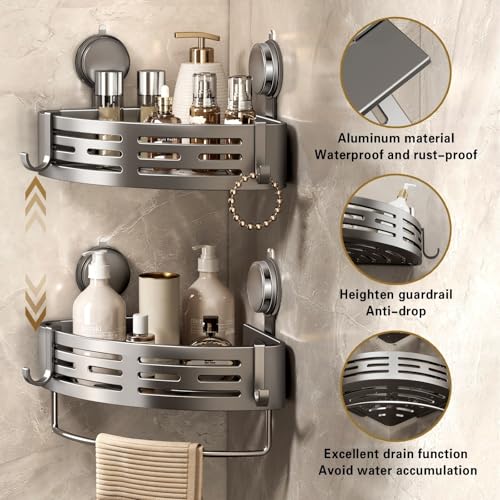 VOLPONE Corner Shower Caddy Suction Cup Shower Shelf Corner No Drilling Bathroom Shower Organizer Storage Rack Adhesive with Towel Bar Hooks (2-Pack, Matte Gray) - style: Suction Cup Triangle with Towel holder 2 Tier Gray