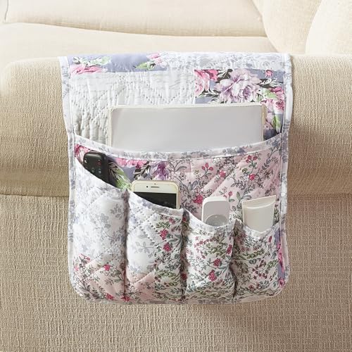 Brilliant Sunshine Rose Toile Couch Sofa Armrest 5 Pockets Organizer, Slip Resistant Recliner Armchair Caddy, Washable Remote Controls Holder, Storage for Magazine, Tablet, iPad, 35×13", Blue Pink - color: Blue Pink