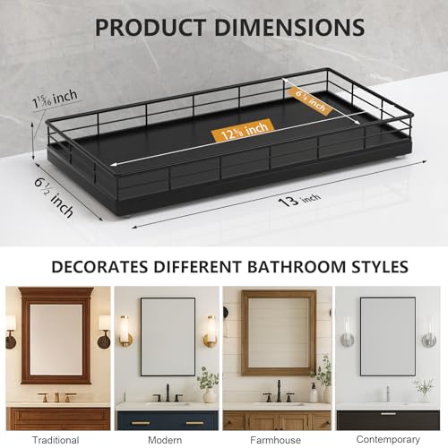 Toilet Paper Basket Organizer – Oak Wood Toilet Tank Tray with Metal Frame, Bathroom Counter Top Storage for Toilet Paper, Wipes & Decor, Modern Narrow Back of Tank Shelf Organizer, Black - color: Black, size: 13" x 6.5" x 2"