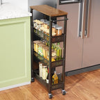 XYZLVSI Slim Storage Cart 4 Tier Narrow Kitchen Rolling Cart on Wheels for Small Space, Mobile Utility Cart Shelving Unit with Wooden Top and Metal Handle for Kitchen, Bathroom, Laundry Room - size: 16.7"Dx7.1"Wx34"H