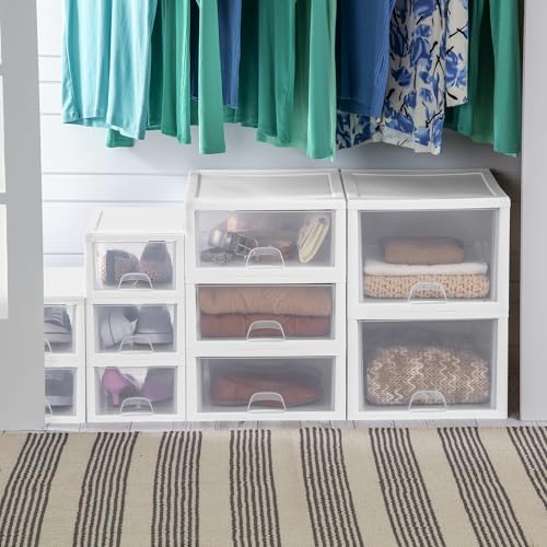 Sterilite 18-Pack 6 Quart Stacking Drawer, Clear Storage Closet Organizer, White Frame - Stackable Modular Plastic Drawers for Clothes, Accessories, Craft Supplies, Shoes or Linens - size: 6 Quart, style: 18 Pack