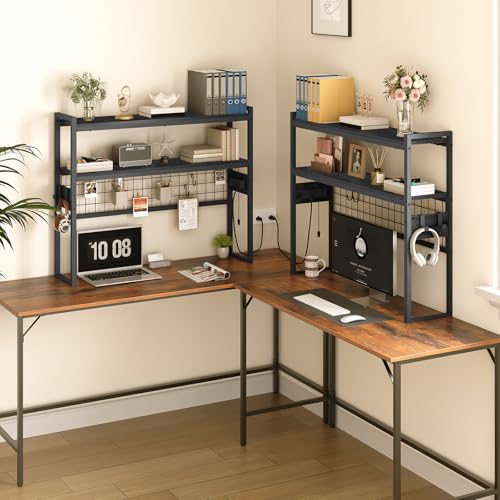 HOOBRO Desktop Bookcase, 37.4" Large Desk Shelf, 2-Tier Desktop Organizer, Wooden Office Storage Rack with Outlets, Display Shelf Rack with Light Strip, Desk Hutch for Office, Black BB13UDSJ01 - color: Black, size: 37.4"D