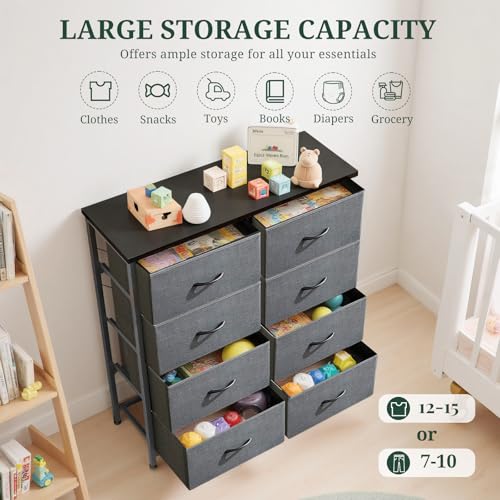 8-Drawer Dresser for Bedroom, Anti-Tip Tall Storage Organizer Chest of Drawers with Wooden Top and Metal Frame Fabric Bins for Closet, Living Room, Hallway, Entryway, Gray - color: Grey, size: 11.8"D x 31.4"W x 36.3"H (8 Drawers)