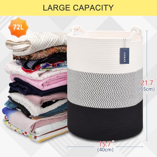 COMSE Extra Large Blanket Basket, Tall Woven Storage Basket, Nursery Hamper, 15.7”x 21.7”, Cotton Rope Laundry Hamper for Toys Clothes Towels, White/Gray/Black - color: White & Gray & Black