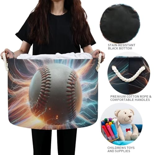 Baseball Print Round Storage Basket Sport Lightning Ball Large Laundry Hamper 20 x 20 x 14 Inches Organizer Bin with Cotton Rope Handles Clothes Storage Bag for Nursery Bedroom Living Room Decor - color: White and Red