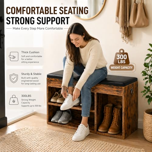 HOOBRO Shoe Storage Bench with Cushion, 32.3'' Entryway Bench with Lift Top Hidden Storage and Adjustable Shelves, Wooden Shoe Rack Bench for Entryway Bedroom, Rustic Brown and Black BF40HX01 - color: Rustic Brown + Black