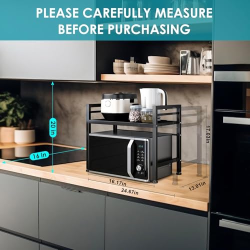 DOLALIKE Microwave Oven Rack, Expandable Microwave Stand Countertop Kitchen Utensils Tableware Storage, Carbon Steel Over Microwave Shelf Countertop with 3 Hooks - color: Black, size: 2 Tier (Without Spice Rack)