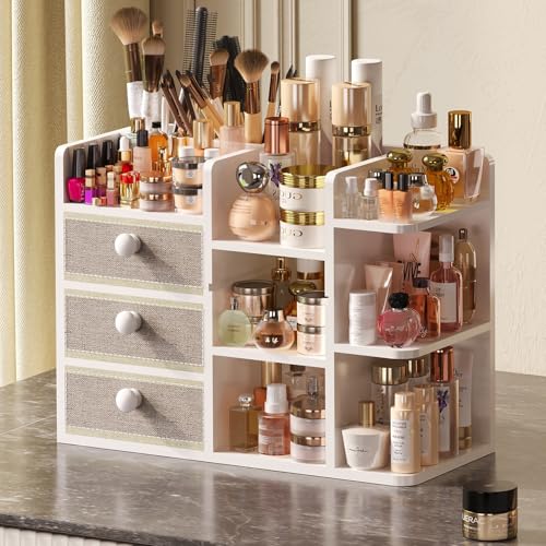 Large Makeup Organizer Countertop With Brush Holder Drawer For Vanity,Bamboo Bathroom Counter Organizers And Storage,Cosmetic Skincare Perfume Organizer,Easy To Store Nail Polish, Lipstick, Eyeshadow - color: White Bamboo