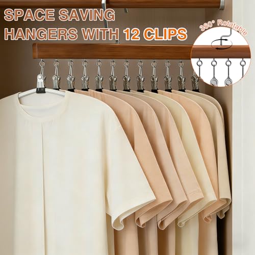 2Pcs Loset Organizer with 12 Clips,Wooden Wangers with Wlips,Wace Saving Hanging Closet Organizer,Space-Saving Hat Scarf Clothespins,Pant Hangers with Clips(Brown)