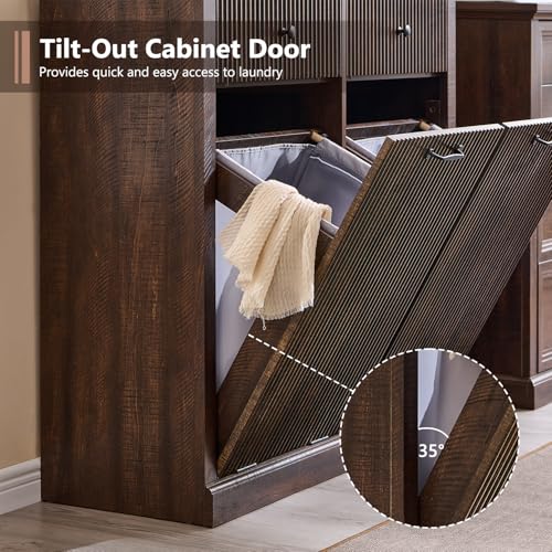 IFBUY Modern Double Tilt-Out Laundry Hamper Cabinet, 20 Gallon Fluted Trash Can Cabinet w/2 Drawers, Wooden Hidden Garbage Can Cabinets w/Laundry Basket, Free Standing for Bathroom and Kitchen, Brown - color: Brown, size: 13"D x 39.3"W x 35.8"H (Full)