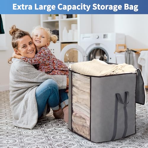 Fixwal 4pcs Large Blanket Bags 120L King Foldable Comforters Storage Bags, Extra Large Organizers for Blankets, Clothes, Pillows, Quilts, Bedding with Thick Fabric Reinforced Handles, Grey - color: Grey, style: 4pcs