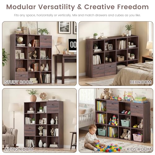 2 Pack 12 Cube Storage Organizer, Walnut Bookcase, Wooden Bookshelf with 2 Fabric Drawers, Freestanding Home Organizer Shelf Set, 3 Tier Book Shelf for Bedroom Living Room Office Library - color: Walnut, size: 12 Cube (2PC)