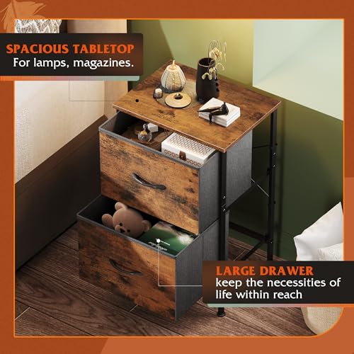 WLIVE Night Stand, Small Dresser with 2 Drawers & Wooden Top, Nightstand with Fabric Bins, Bedside Table End Table for Bedroom, Closet, Entryway, College Dorm, Rustic Brown - color: A-rustic Brown, size: 11.8"D x 15.7"W x 24.9"H