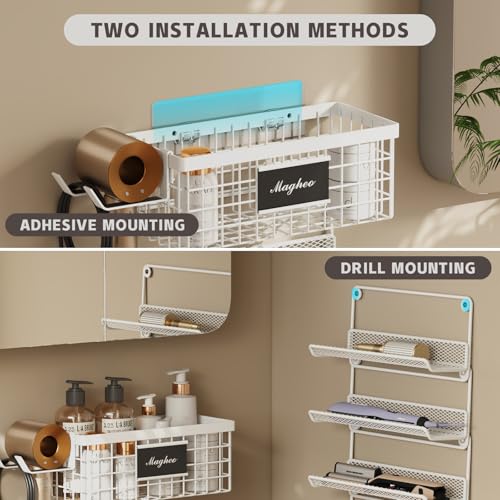 Magheo Hair Dryer Holder Wall Mounted, Adheisve Hair Styling Tool Organizer for hair Brush/Appliance Wall Mount with 5 Tier Shelf Basket Hooks Blow Dryer and Straightener Holder for Bathroom(White) - color: White, size: Wall Mount - 1 Pack (5 Tier)
