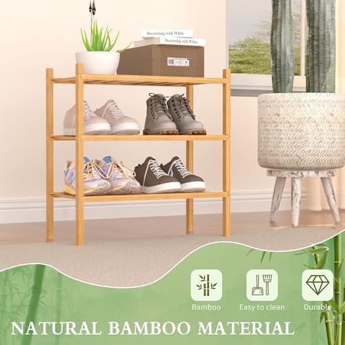 ROMGUAR CRAFT 3-Tier Bamboo Small Shoe Rack, Free Standing Wood Shoe Shelf Storage Organizer for Closet Entryway Stackable (Natural) - color: Natural, size: 3-Tier(Small)