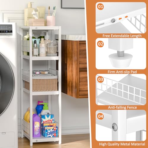 4 Tier Expandable Slim Storage Shelf, Metal Shelving Unit for Bathroom Storage Organizer, Freestanding Narrow Shelf for Small Spaces, Open Floor Shelves for Bathroom, Laundry Room, Kitchen,White - color: White, size: 4-tier