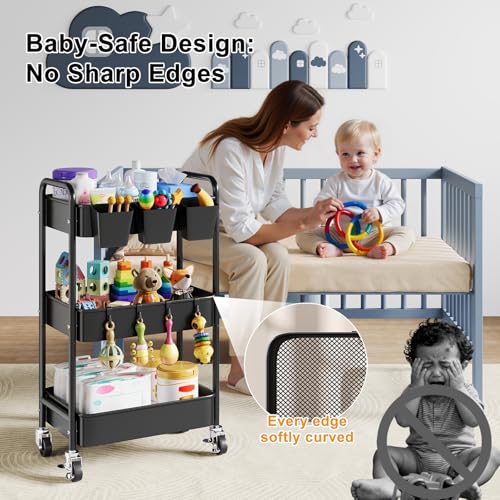 Baby Diaper Caddy Organizer and Storage, 3 Tier Rolling Cart with Wheels for Newborn Nursery Essentials, Baby Organizers for Changing Table, Crib, Bedroom, Movable Bedside Organizatio (Black) - color: Black1, size: 3-Tier + Cups + Hooks