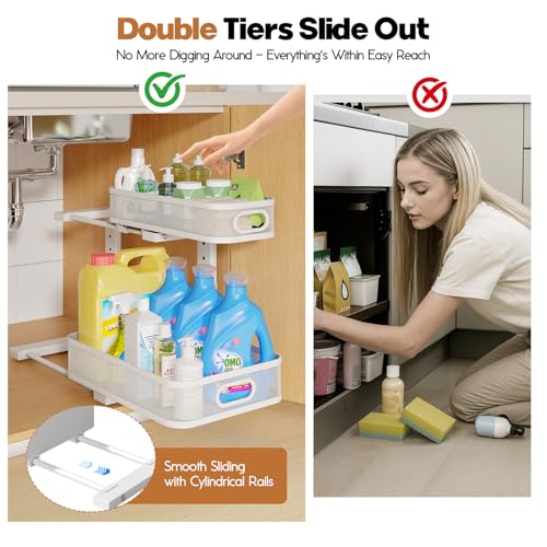2 Pack Under Sink Organizer With Smooth Cylindrical Rail,2-Tier Pull Out Multi-Purpose Cabinet Storage for Bathroom&Kitchen,Height Adjustable,Rust-resistant Coating-White - color: White, size: 2 Pack-15.7"Dx11"-16.14"H