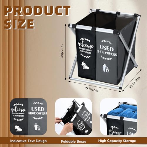 Wonderjune Foldable Disposable Shoe Cover Box Dispenser Fabric Storage Bin Holder with Used Shoe Covers and Welcome Please or Remove Sign for Open House Supplies(Black, Gray) - color: Black, Gray