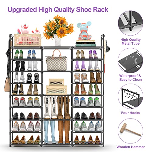 Kottwca Shoe Rack Organizer, Large Shoe Rack for Entryway Closet, Metal Shoe Shelf for Shoes and Boots, Big Non-Woven Fabric Shoe Storage Organizer with Hooks for Cloakroom, Black… - size: 3 Row 9 Tier-1
