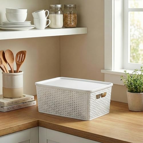 BINO | Plastic Storage Baskets with Lids, 15.5 Liter - 3 Pack, White | THE WOVEN COLLECTION | Storage Basket for Shelves Woven Storage Baskets for Organizing Bins Pantry Shelf Organizer Container Bin - color: White, size: 13.5L | 3-Pack