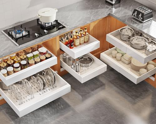 Seinloes 6Pack Expandable Pull Out Cabinet Organizer 21"Deep With Raising Pad for Framed Cabinets,Slide Out Drawers with 4pcs Divider Racks,Roll Out Shelves Adhesive,Adjustable Width 12.05"-20.4"White - color: White, size: 21"D x 12.05"-20.4"W(6Pack)
