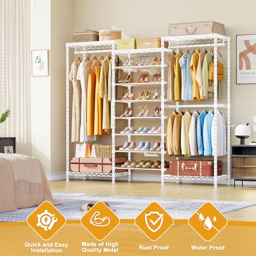 ULIFHOME E16 Heavy Duty Clothing Rack（With 7-Tier Adjustable Shoe Rack） Freestanding Clothes Rack for Hanging Clothes，Metal Closet Storage Organizer Large Wardrobe，69'' W x 15.8'' D x 76.2'' H，White - color: White