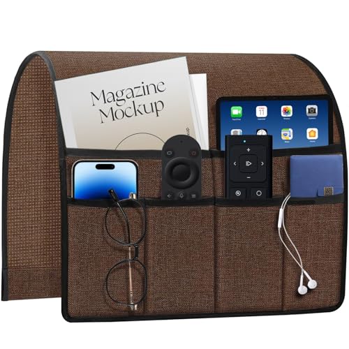 Remote Holder for Recliner Armchair & Couch, Non Slip Sofa Armrest Organizer Caddy with 6 Pockets Thick Linen Fabric Storage for Tablet, Phone, iPad, Magazine, 19x35 Inches, Brown - color: Brown