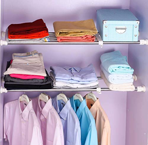 BAOYOUNI Expandable Closet Tension Shelf Rod Organizer Adjustable Storage Rack Heavy Duty Clothes Hanger Metal Space Saving Divider for Bathroom Kitchen Cupboard Wardrobe Bookshelf 32''-46'', Ivory - size: (32.28-46.06) IN