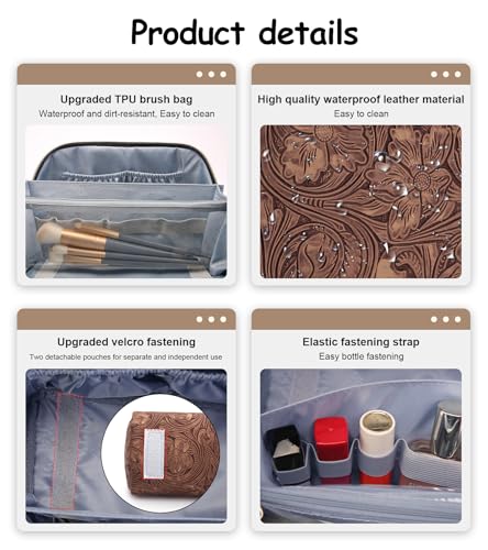 BOYATU Travel Makeup Bags Cosmetic Organizer Bag: 3 Pcs Set Large Capacity Floral Make up Bag with Compartments - Waterproof Leather Toiletry Bags with Handle for Women (19-Brown) - color: 19-Brown