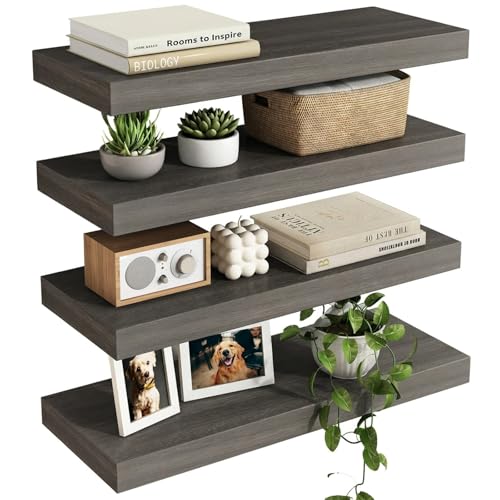 Fixwal 15.8in Floating Shelves, Rustic Wood Finish Wall Shelves Set of 4, Shelves for Wall Decor, with Invisible Brackets for Bathroom, Living Room,Bedroom and Kitchen(Gray) - color: Grey