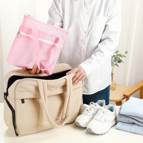 Fammart Mesh Shower Caddy Portable with Zipper & 2 Pockets - Quick Dry Shower Caddy Hanging for Travel Gym Camp Beach - Organizer Bag Bathroom Essentials for College Dorm - color: Small, Zipper Closure - Pink