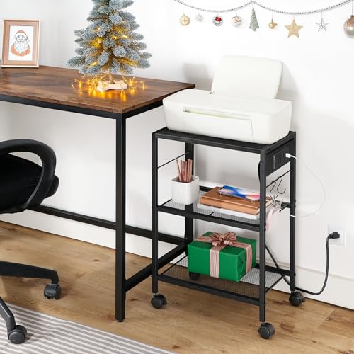 HOOBRO Industrial Printer Stand, 3-Tier Mobile Printer Table, Rolling Cart with Power Outlets and USB Ports, Home Printer Stand with 2 Hooks, for Office, Living Room, Black BB22UPS01 - color: Black
