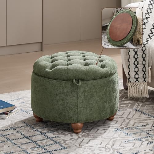 WUTUTUEE 24Inch Round Storage Ottoman with Tray, Modern Tufted Circle Coffee Table with Storage, Upholstered Ottoman with Removable Top for Living Room, Bedroom, Chenille Green - color: Chenille Green, size: 24 Inch