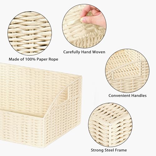 Ollieroo Rattan Storage Baskets, Handwoven Wicker Storage Bins with Built-in Handles, Storage Container Baskets for Shelves, Bedroom, Bathroom, Laundry Room or Kitchen(Beige) - color: Cream