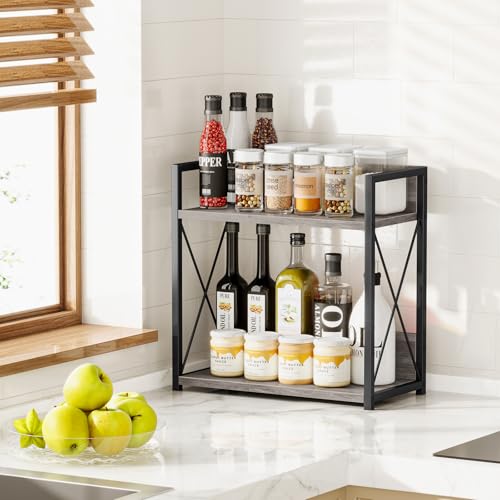 Giikin Coffee Bar Accessories, 2 Tier Spice Rack for Counter, Gray Kitchen Countertop Organizer (Grey, L) - color: Grey, size: Large