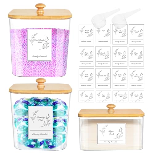 COAZEX 3 Pack Plastic Laundry Pods Container & Dryer Sheet Holder, Laundry Room Organization and Storage Jars with Lids, Scoops & Labels for Detergent, Powder, Scent Booster - color: D-2+1 Pack