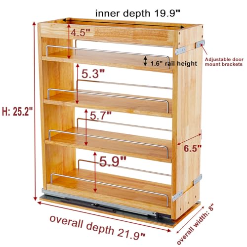 4 Tier Pull Out Spice Rack Holder Shelves (6.5" W x 22" D), spice organization for cabinet Storage Organization, pull out spice racks for inside cabinets - size: 6.5" W x 22" D Wood (4 tier)