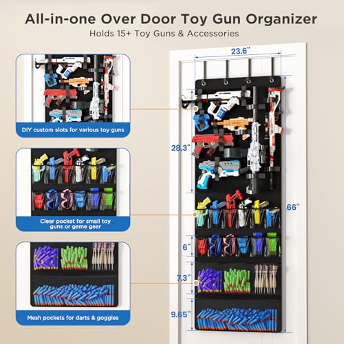 Over the Door Organizer for Toy Guns, Toys Storage Door Hanger with Pockets and Slots for Kids Foam Blasters, Darts, Goggles, Over Door Toy Guns Storage Organizer, for Kids Rooms, Game Rooms, Black - color: Black